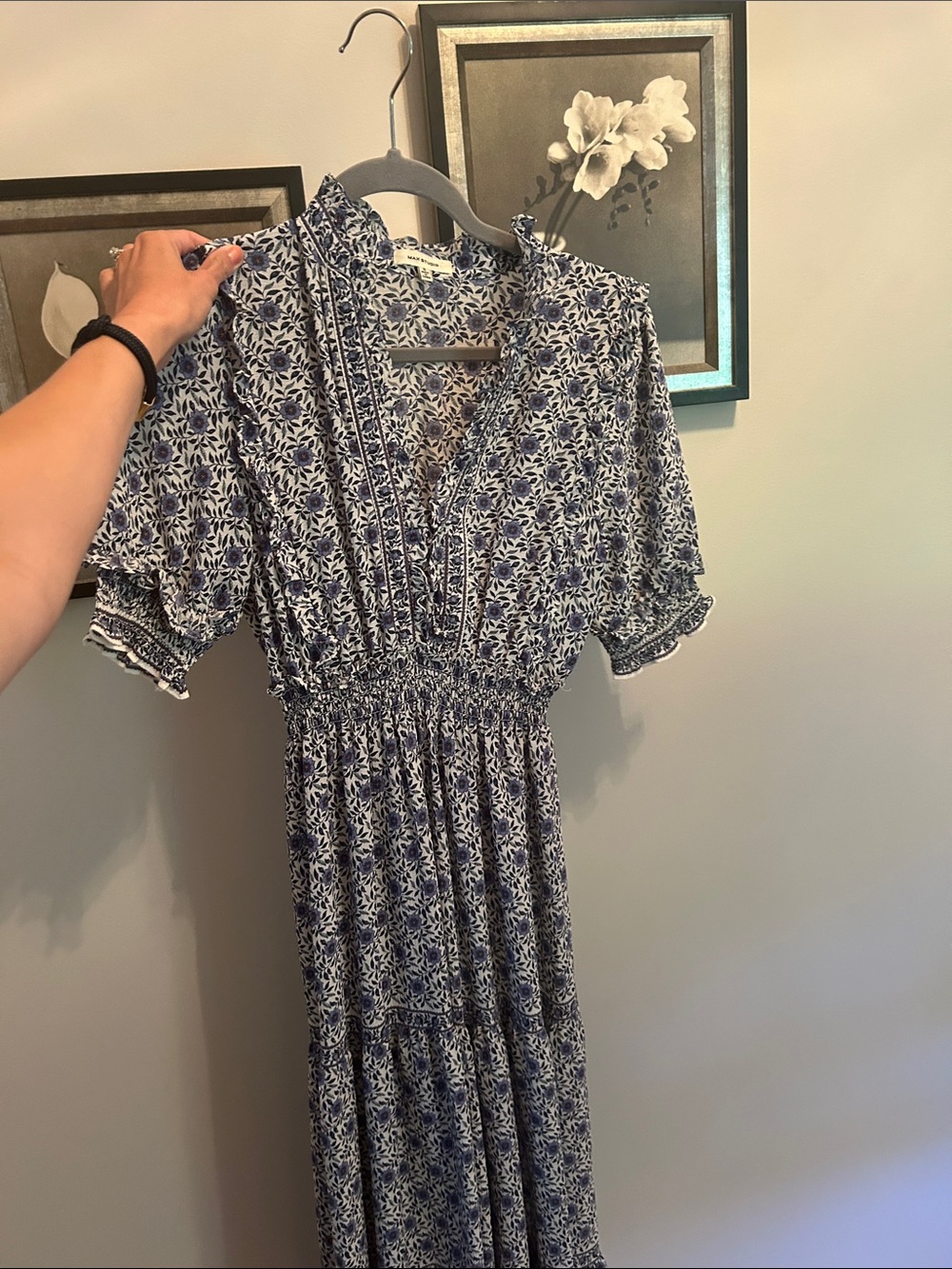 Max Studio Navy and White Floral Maxi Dress with Smocked Waist